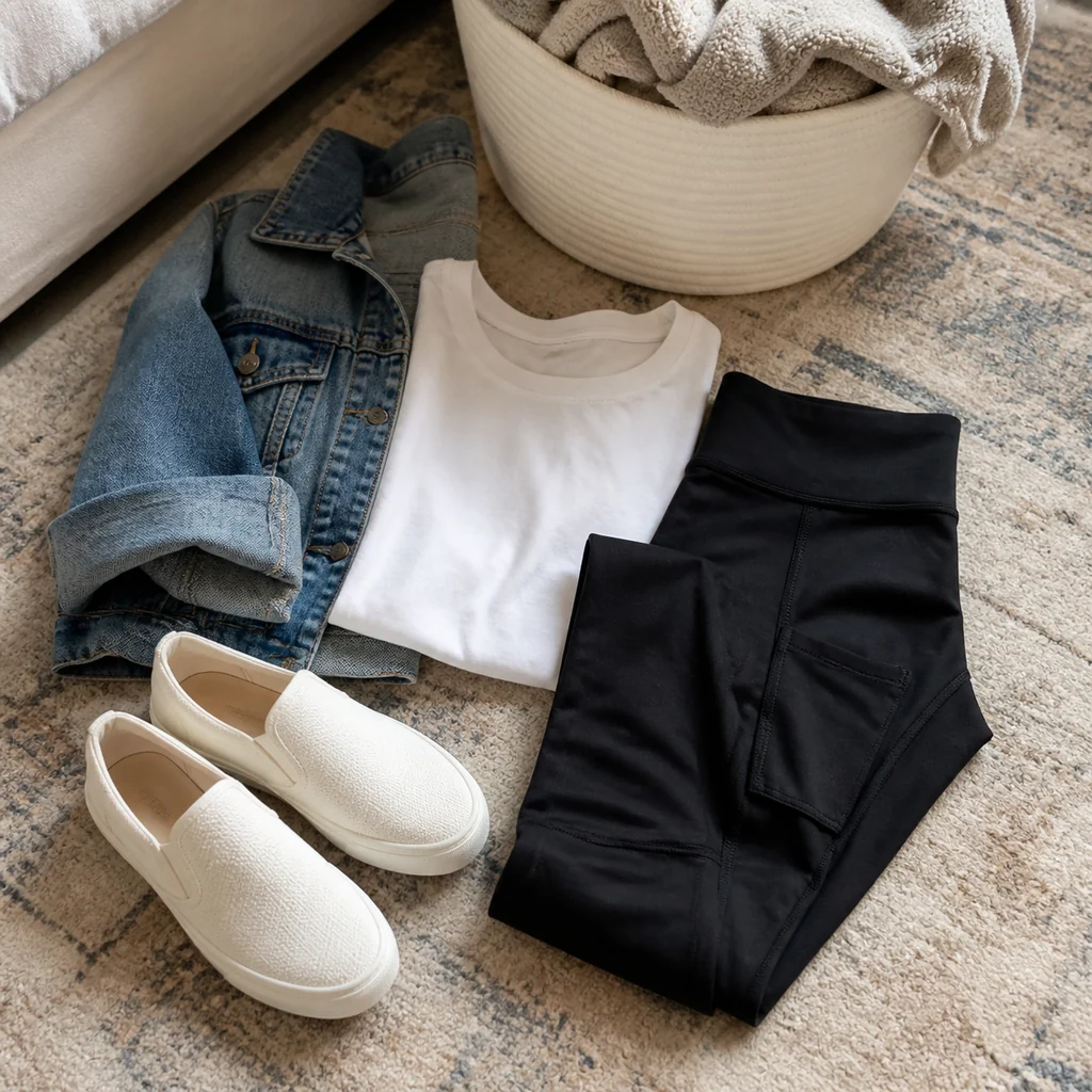 Pocket leggings styled with a denim jacket and slip on shoes