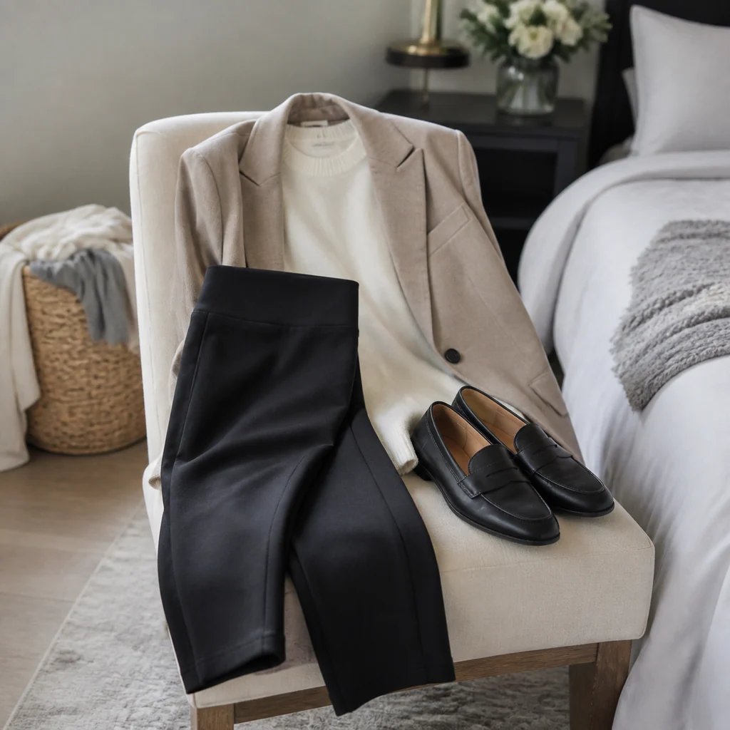 Thick ponte leggings styled with a blazer and loafers