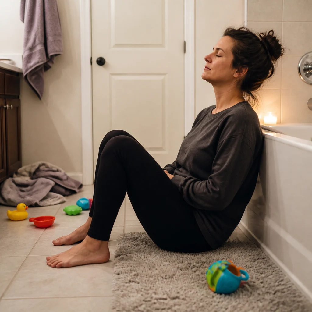 A mom sits quietly on the bathroom floor pretending not to hear mom