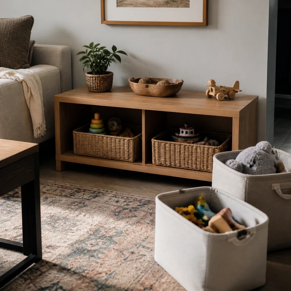 A low living room shelf keeps only a few toys visible at once