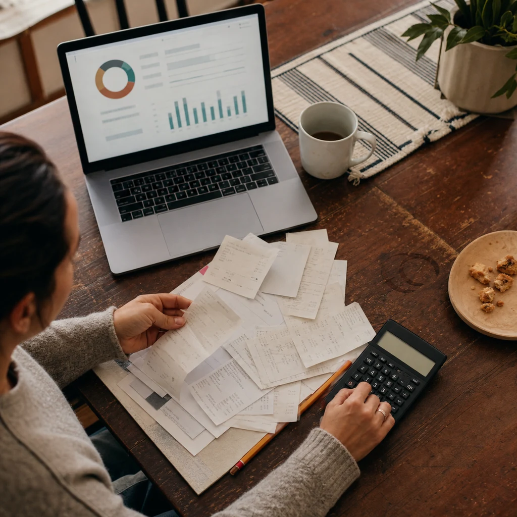A mom reconciling business expenses as a remote bookkeeping assistant