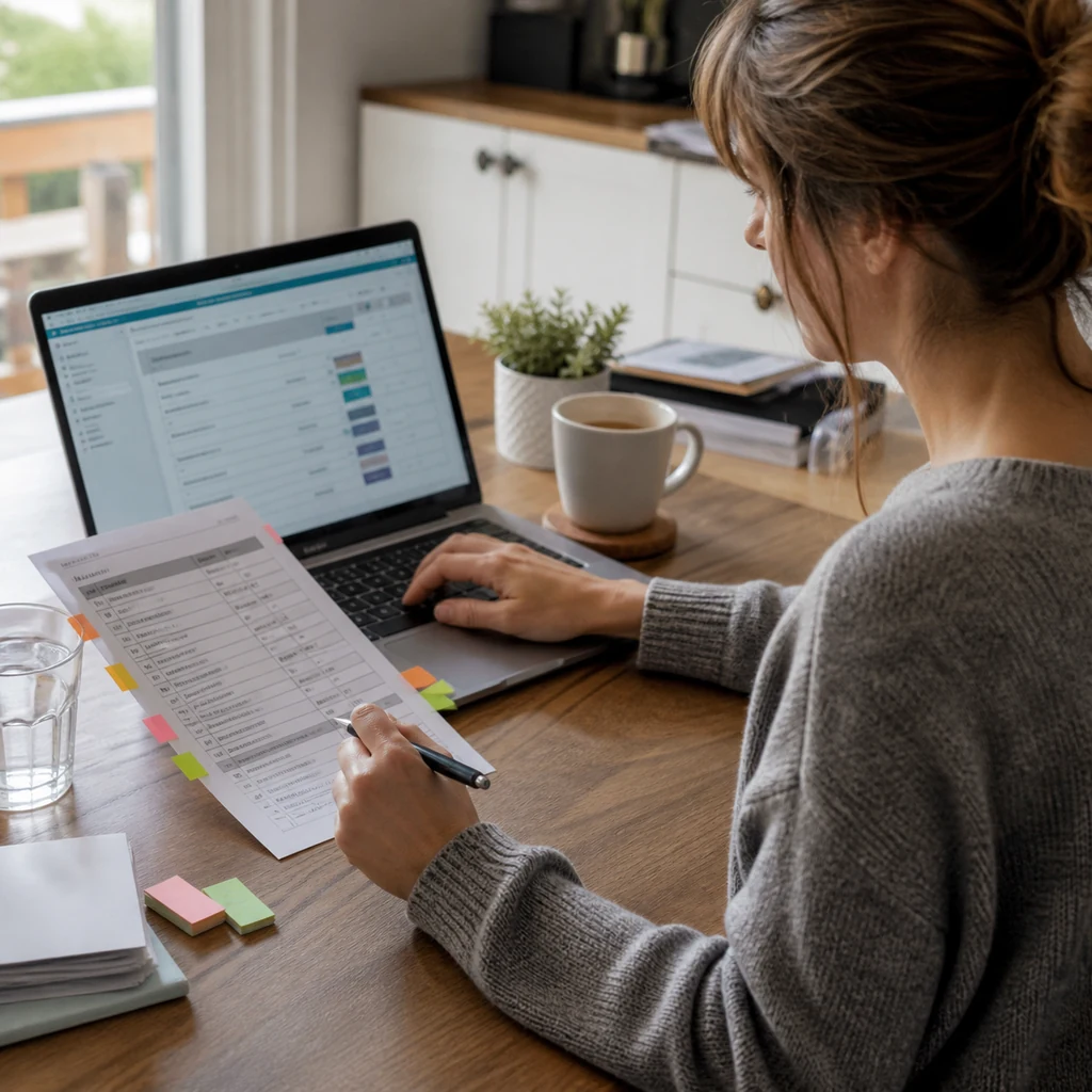 A mom reviewing a remote insurance claims-processing checklist