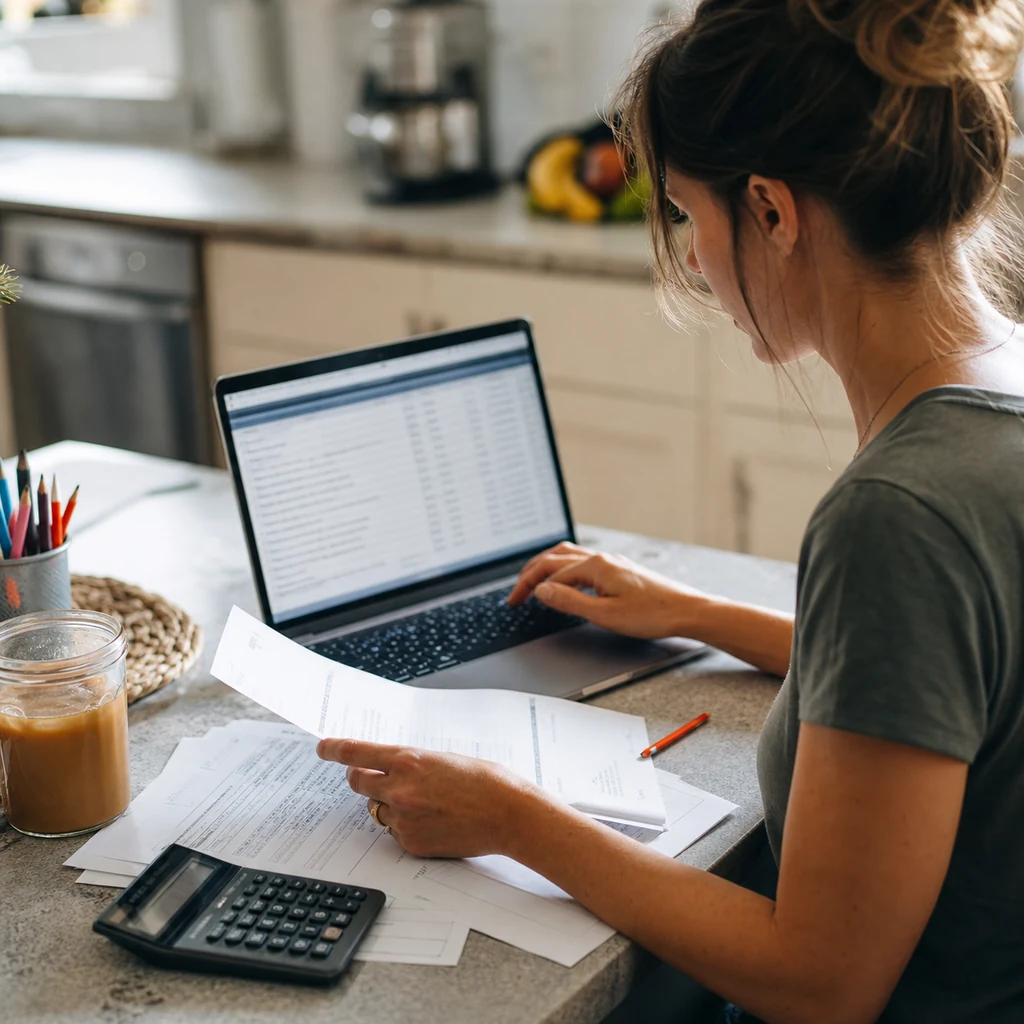 A mom checking records for a remote data-entry and operations role