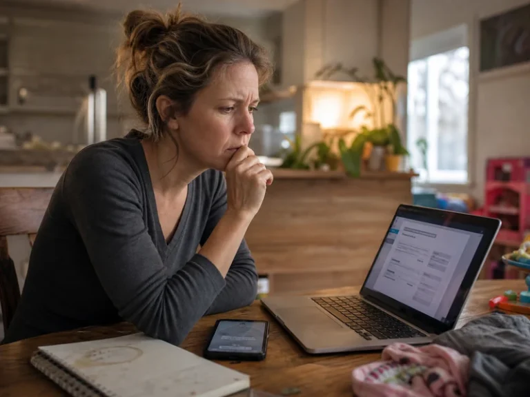 A skeptical mom reviews a suspicious remote job offer at her kitchen table