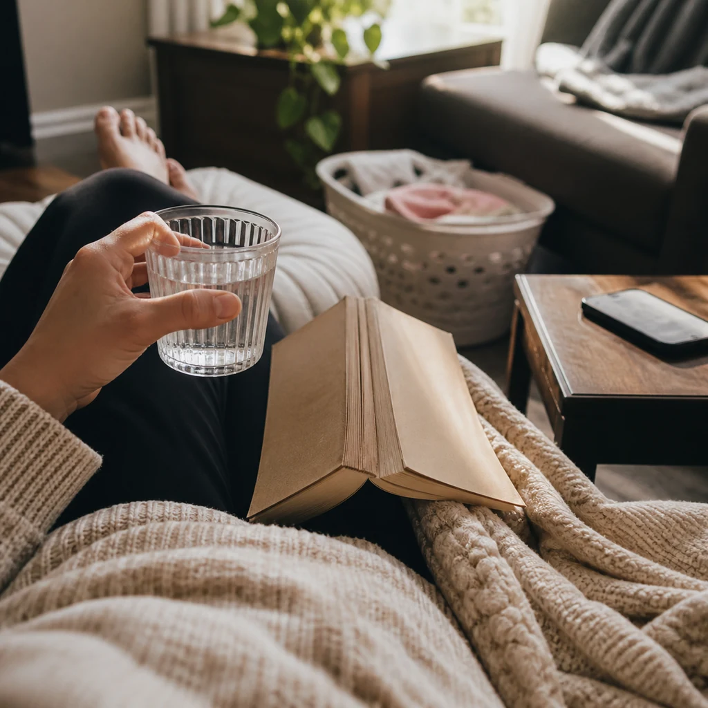 A tired mom takes a small reset with water a book and her phone away