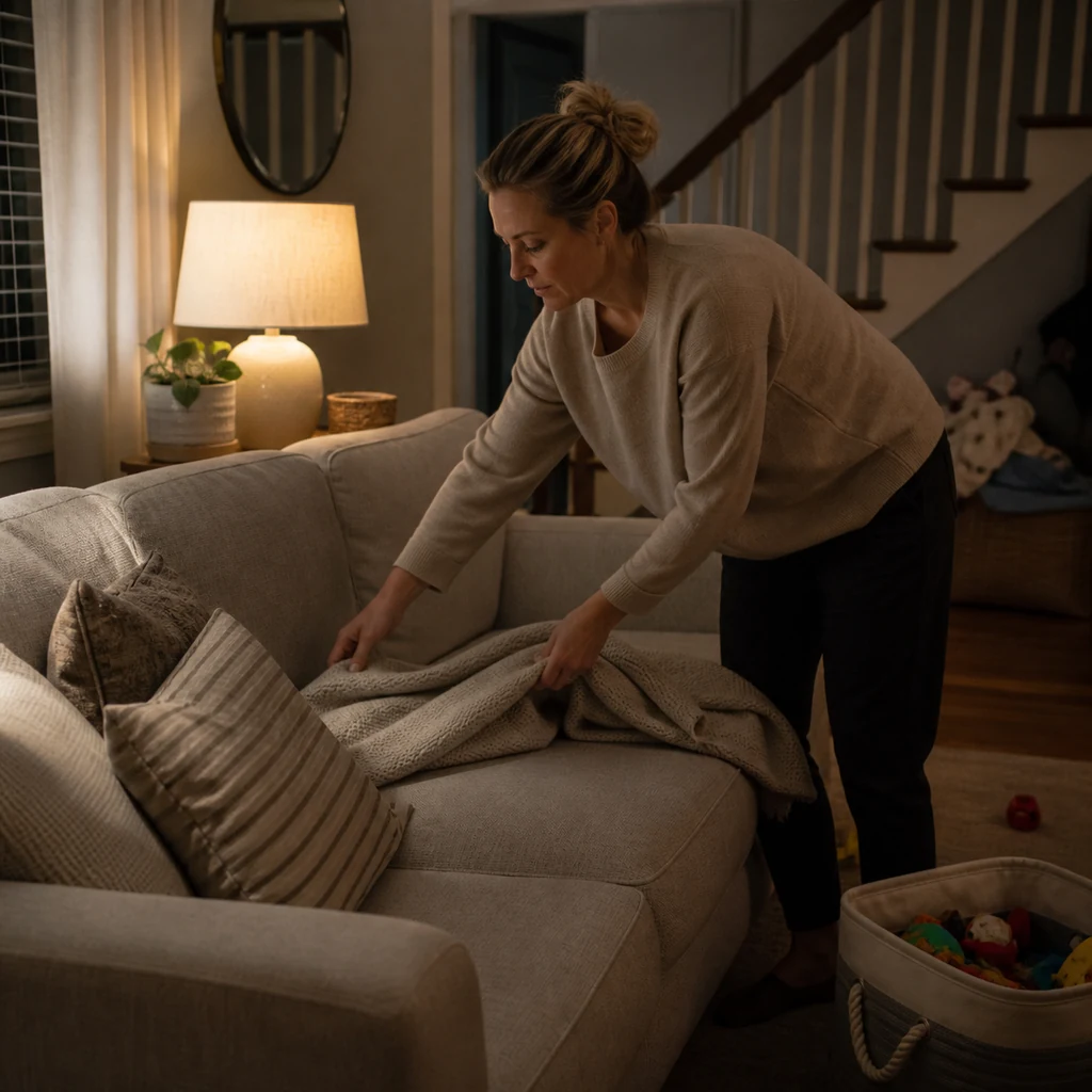 A mom straightens sofa cushions and folds a throw during an evening tidy