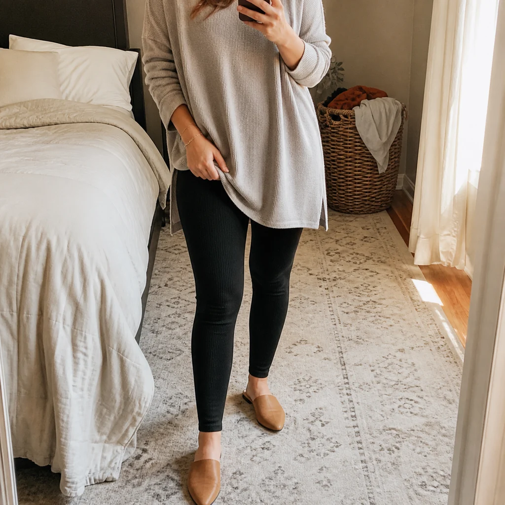 Ribbed knit leggings styled with a long tunic sweater