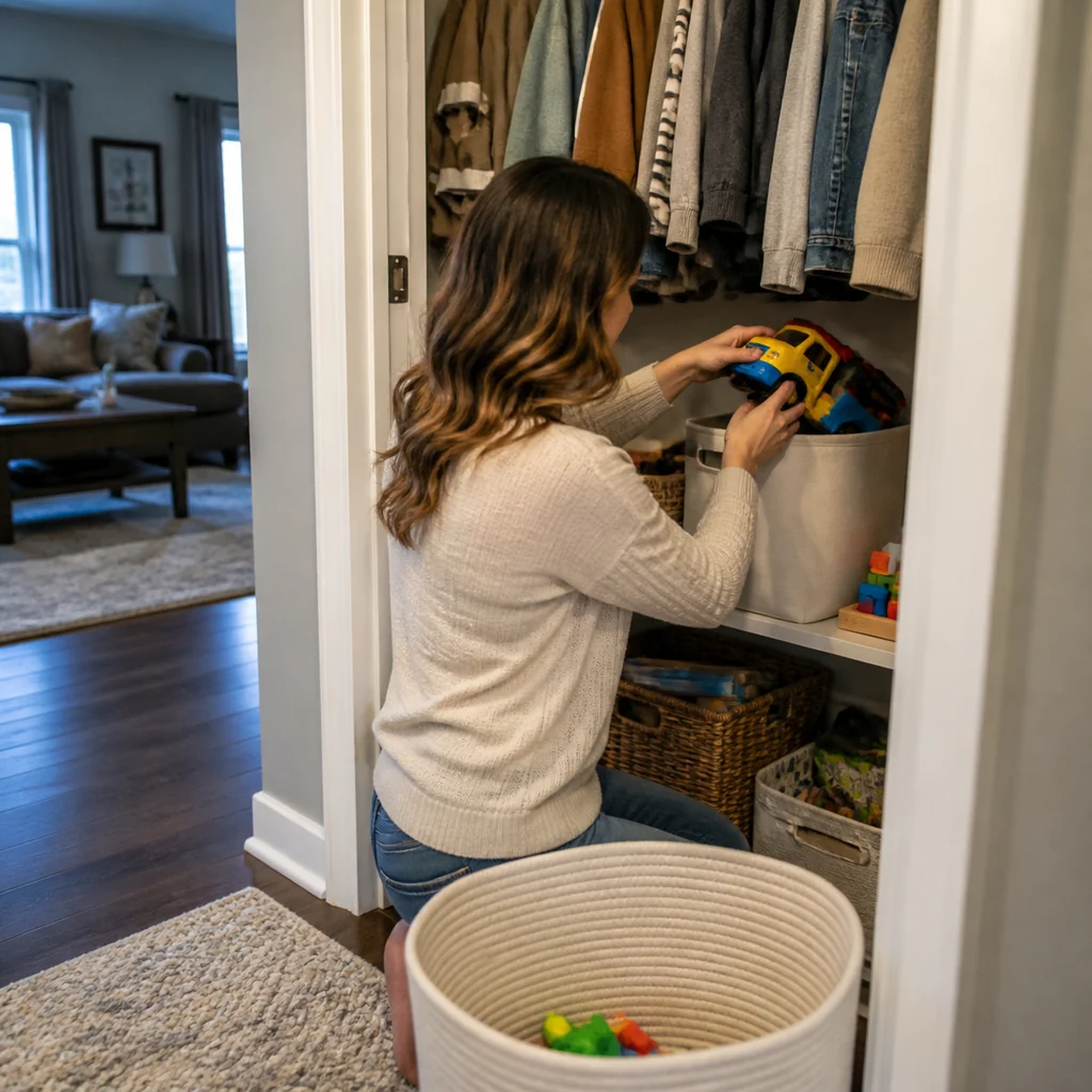 A mom stores extra toys in a closet rotation bin