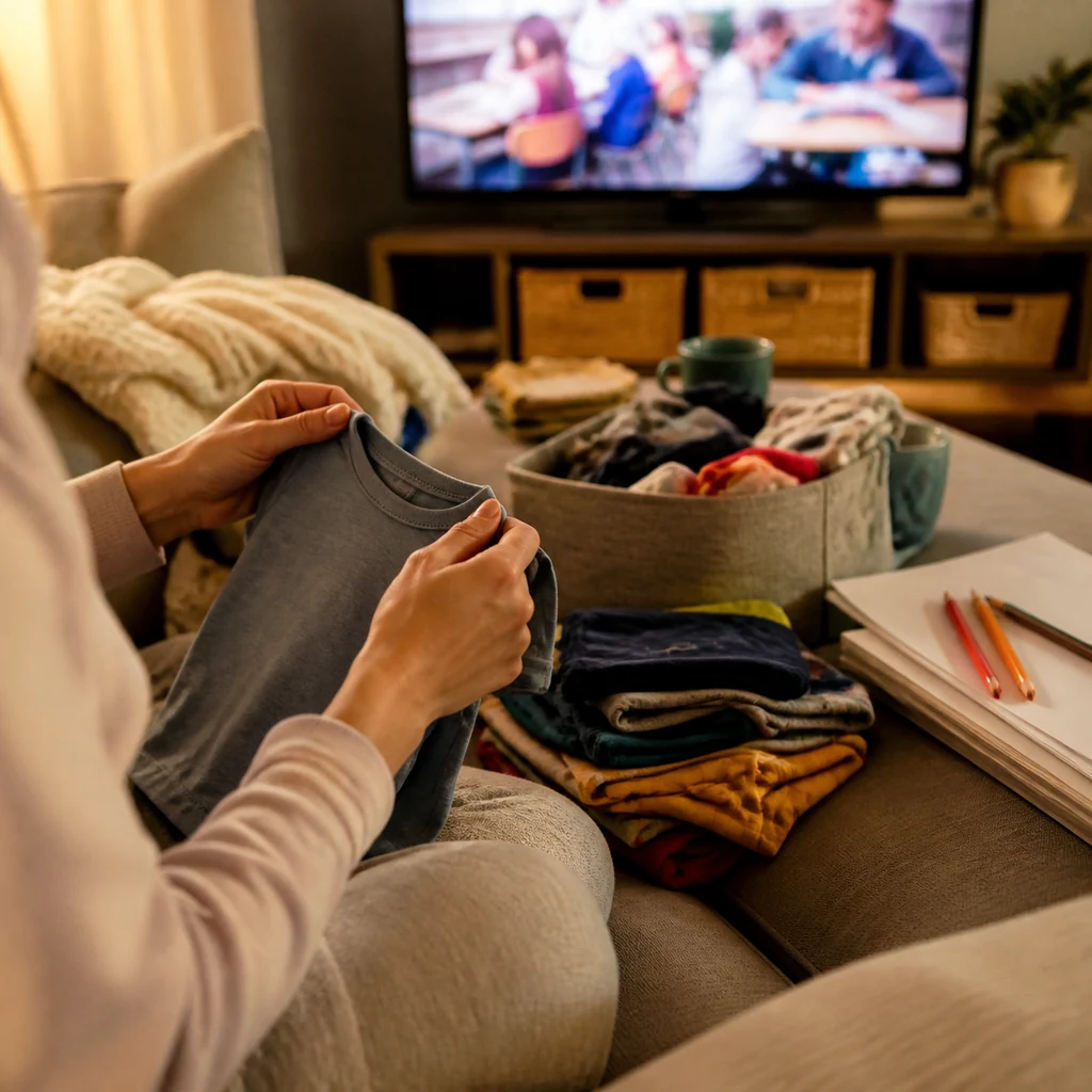 A mom folds laundry while a generic school sitcom glows softly on TV