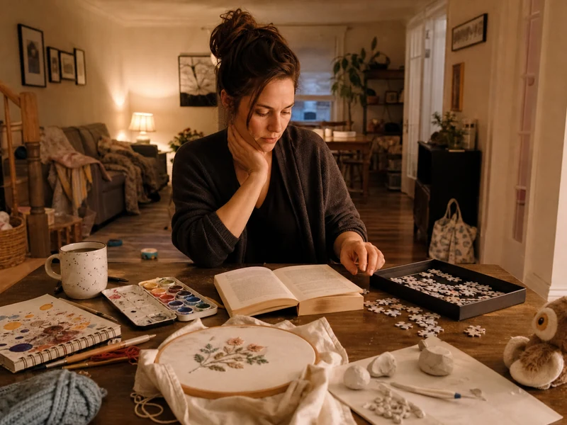 A mom chooses between several relaxing screen-free hobbies at her dining table