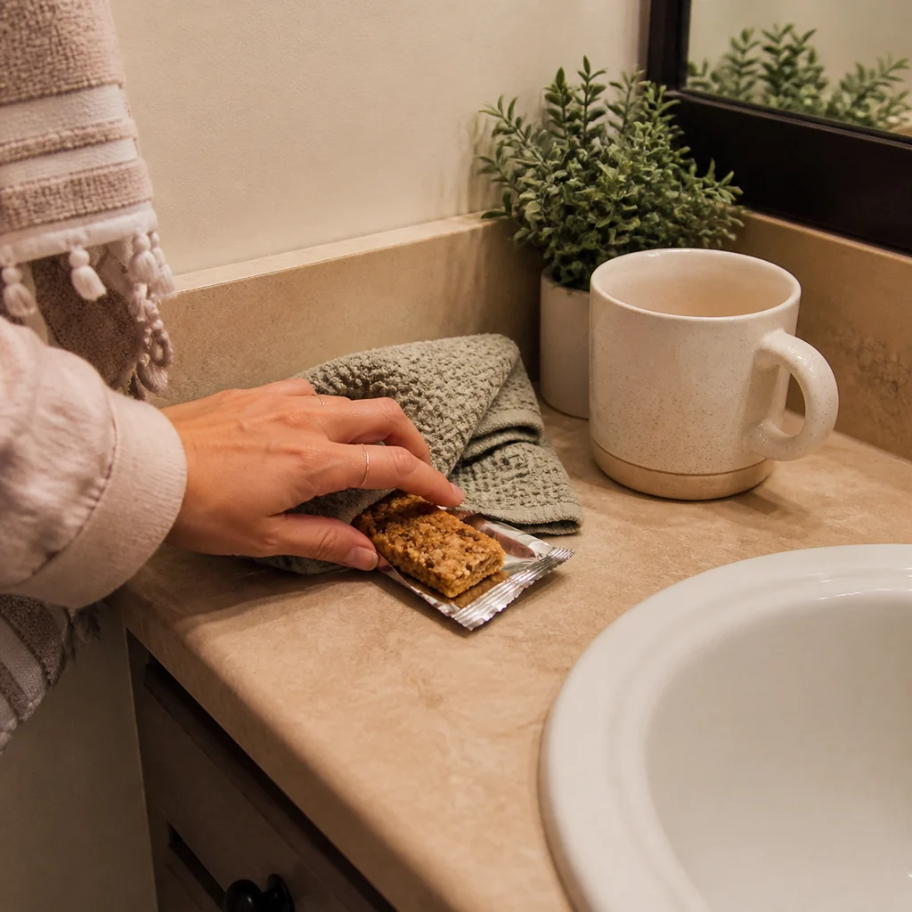 A hidden snack and coffee sit on the bathroom vanity during mom's break