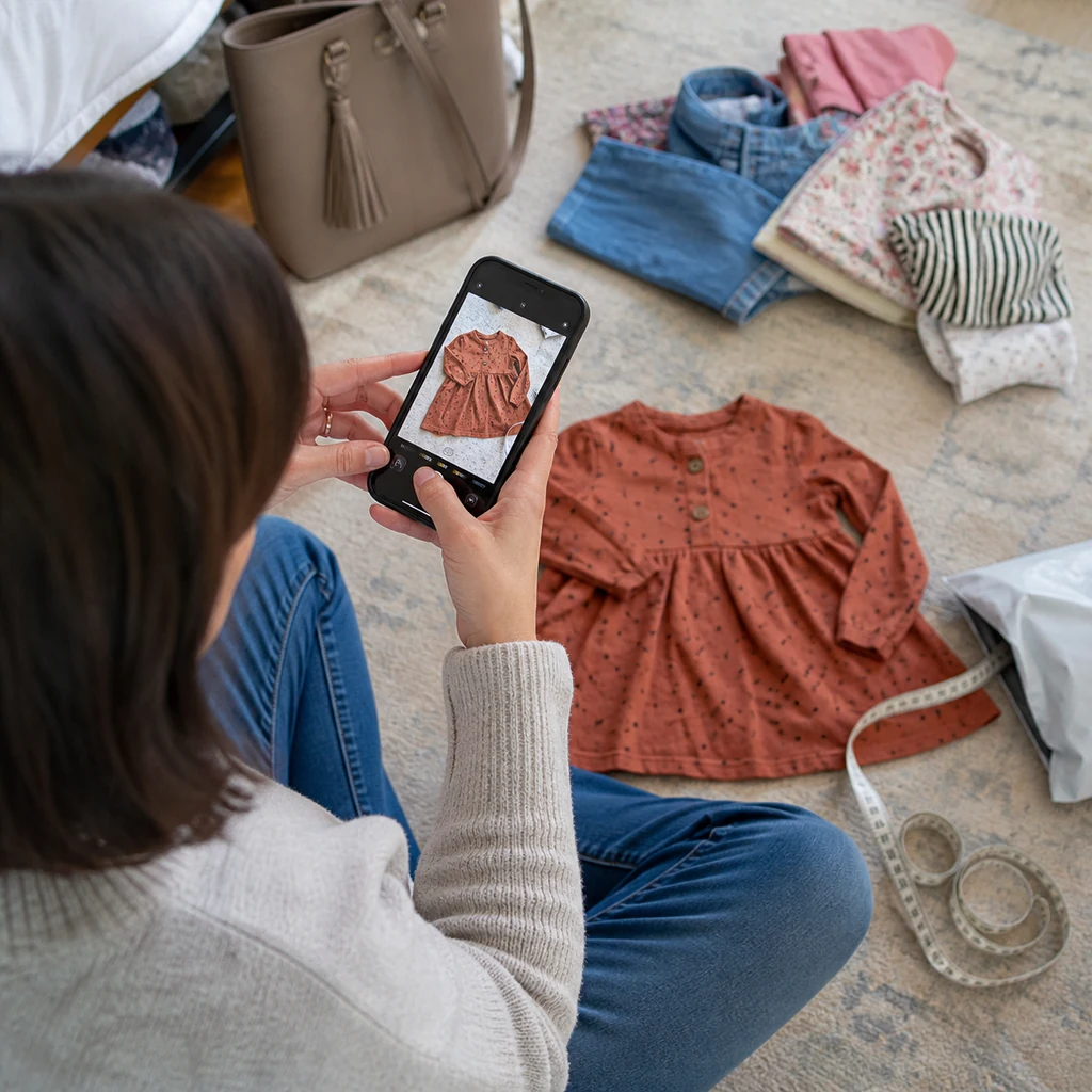 A mom photographing gently used children’s clothes to sell online