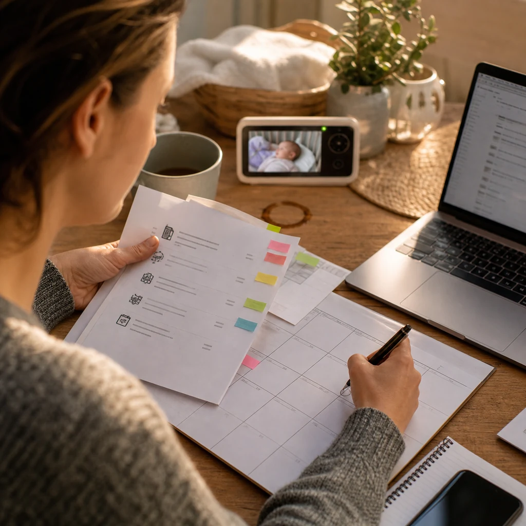 A mom reviewing project scope and deadlines beside a baby monitor