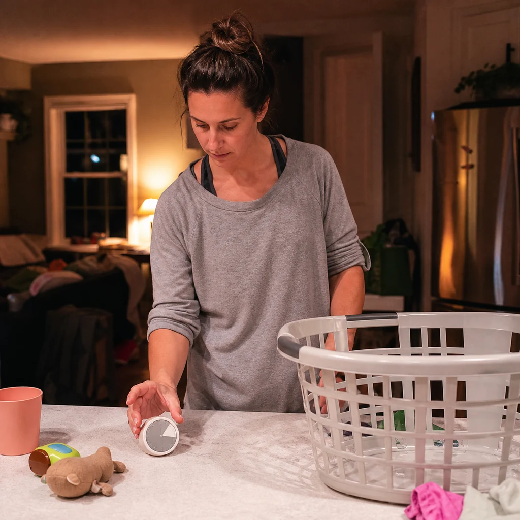 A mom sets a timer beside an empty basket before beginning her nightly reset