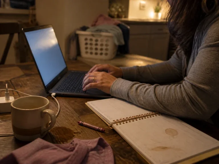 A tired mom working on a laptop at a lived-in kitchen table after bedtime
