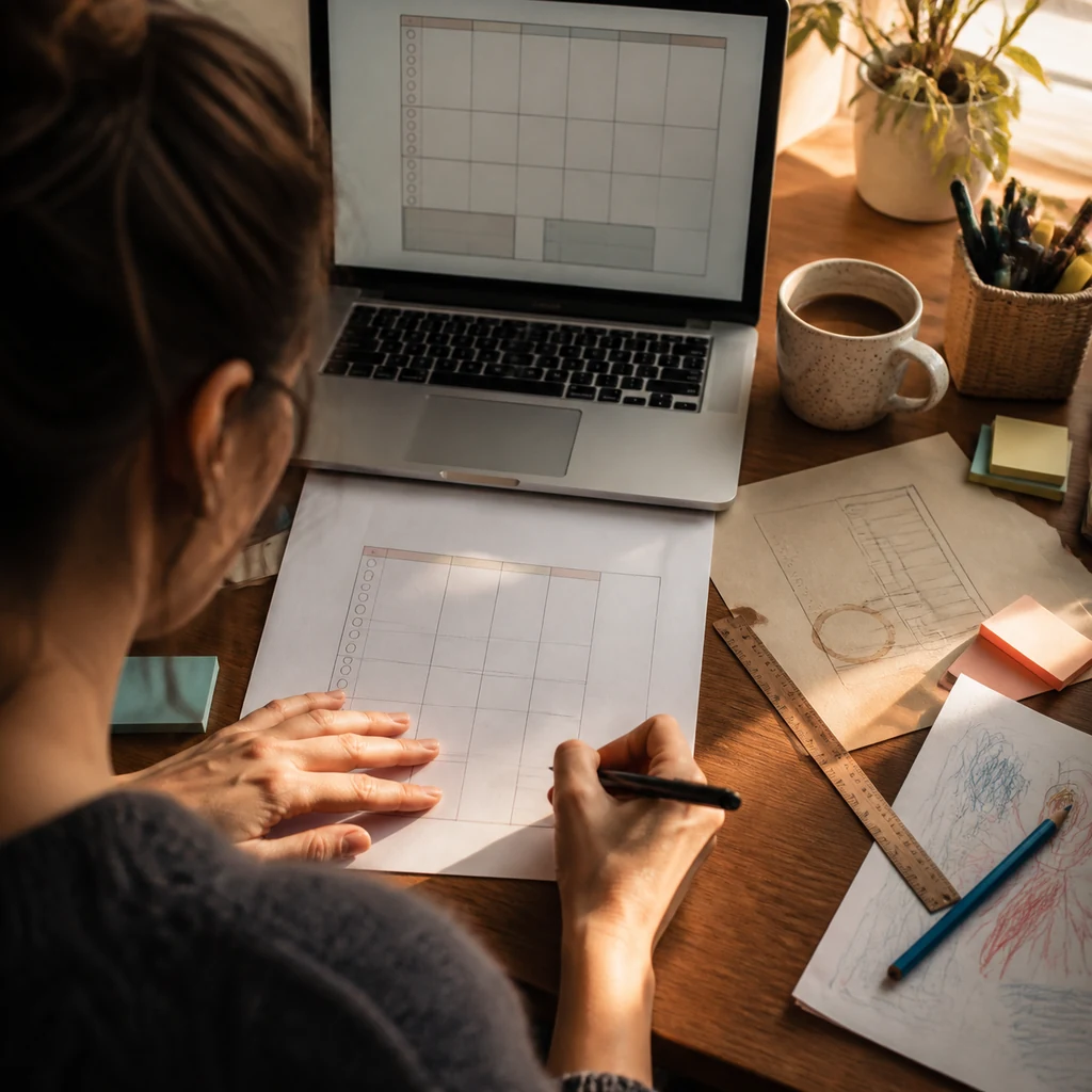 A mom designing one simple printable planner template at home