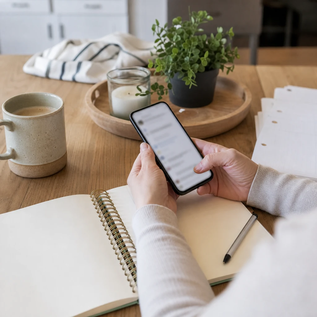 A mom calmly skims a blurred phone screen beside a blank notebook