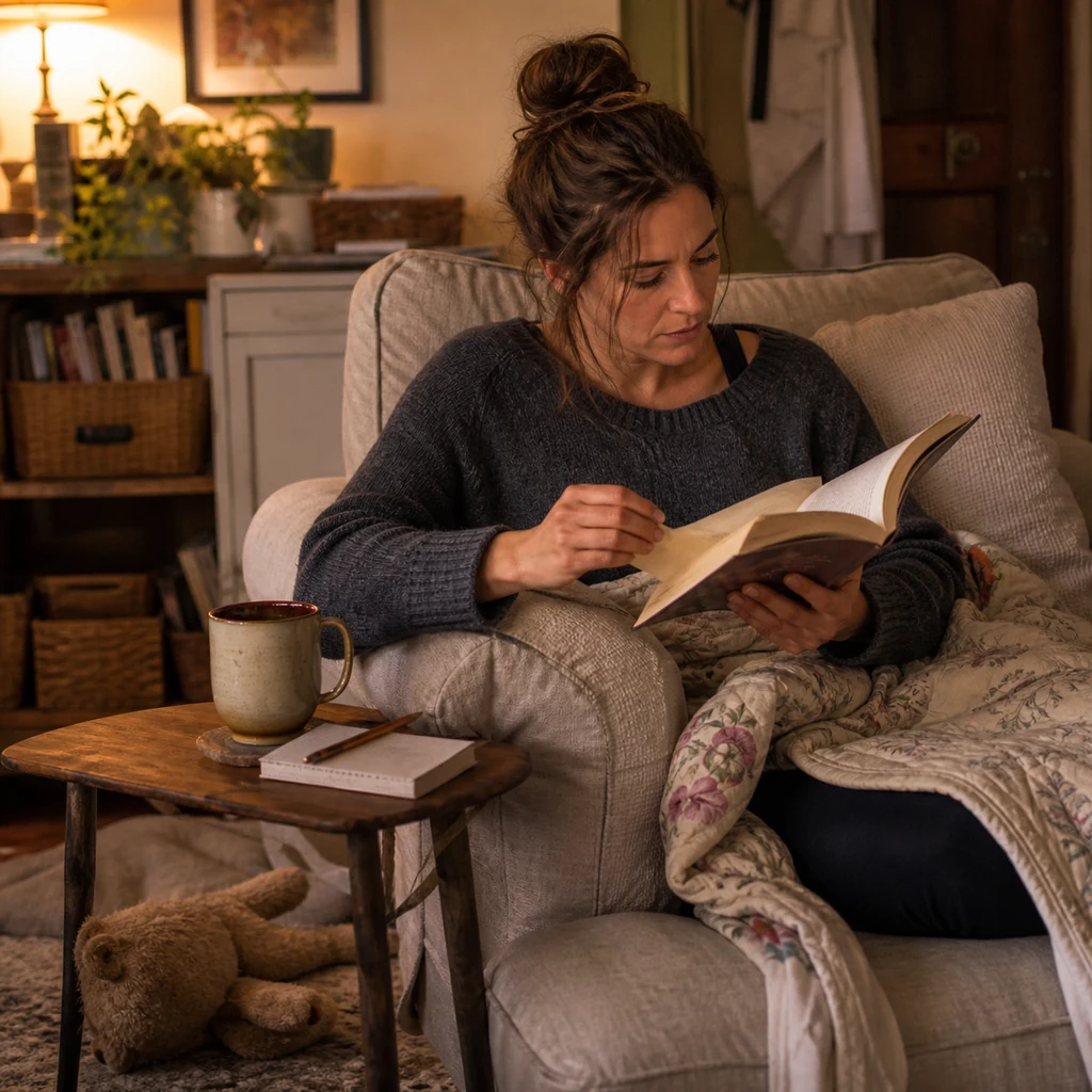 A mom reads a physical paperback in a comfortable armchair
