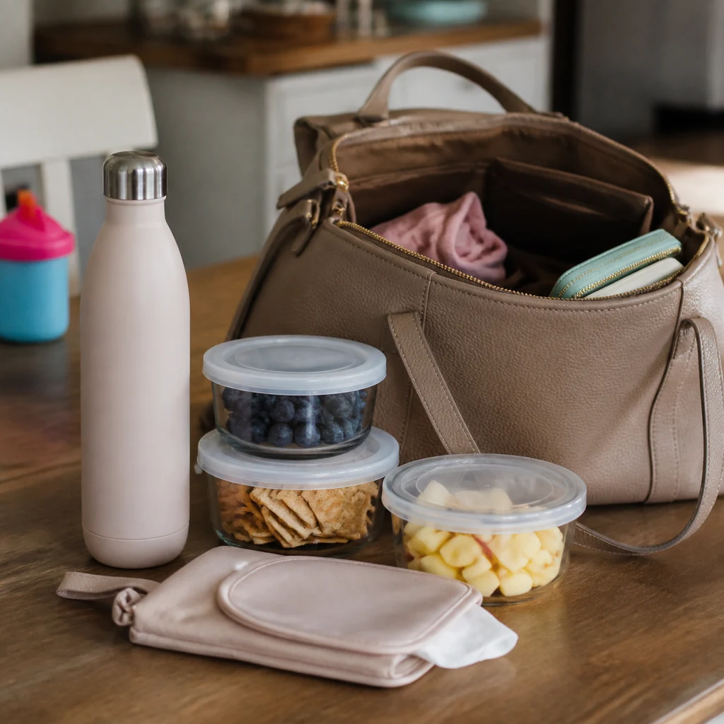 Reusable water bottle and simple snacks packed beside a mom bag