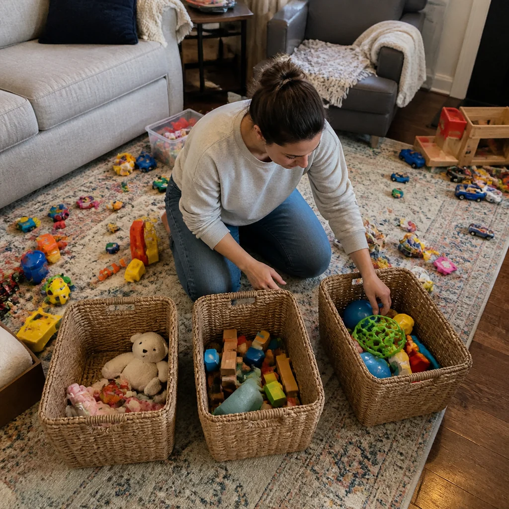 A mom sorts living room toys into simple baskets before organizing