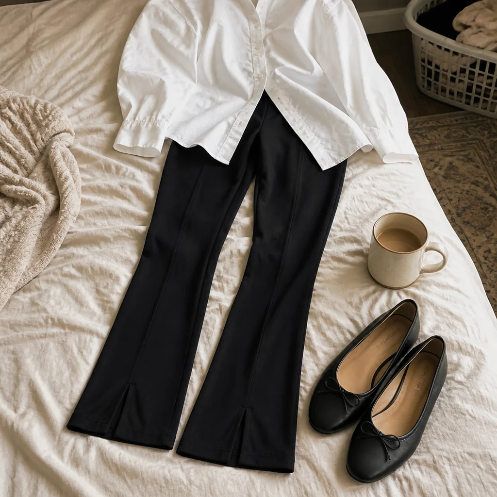 Split hem leggings styled with a button down shirt and flats
