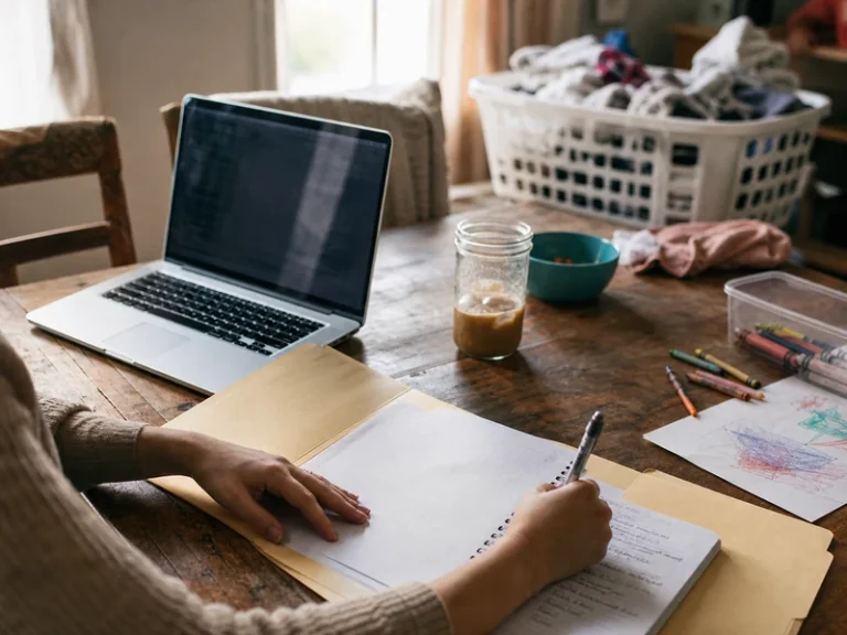 A mom beginning a freelance plan at a lived-in family dining table