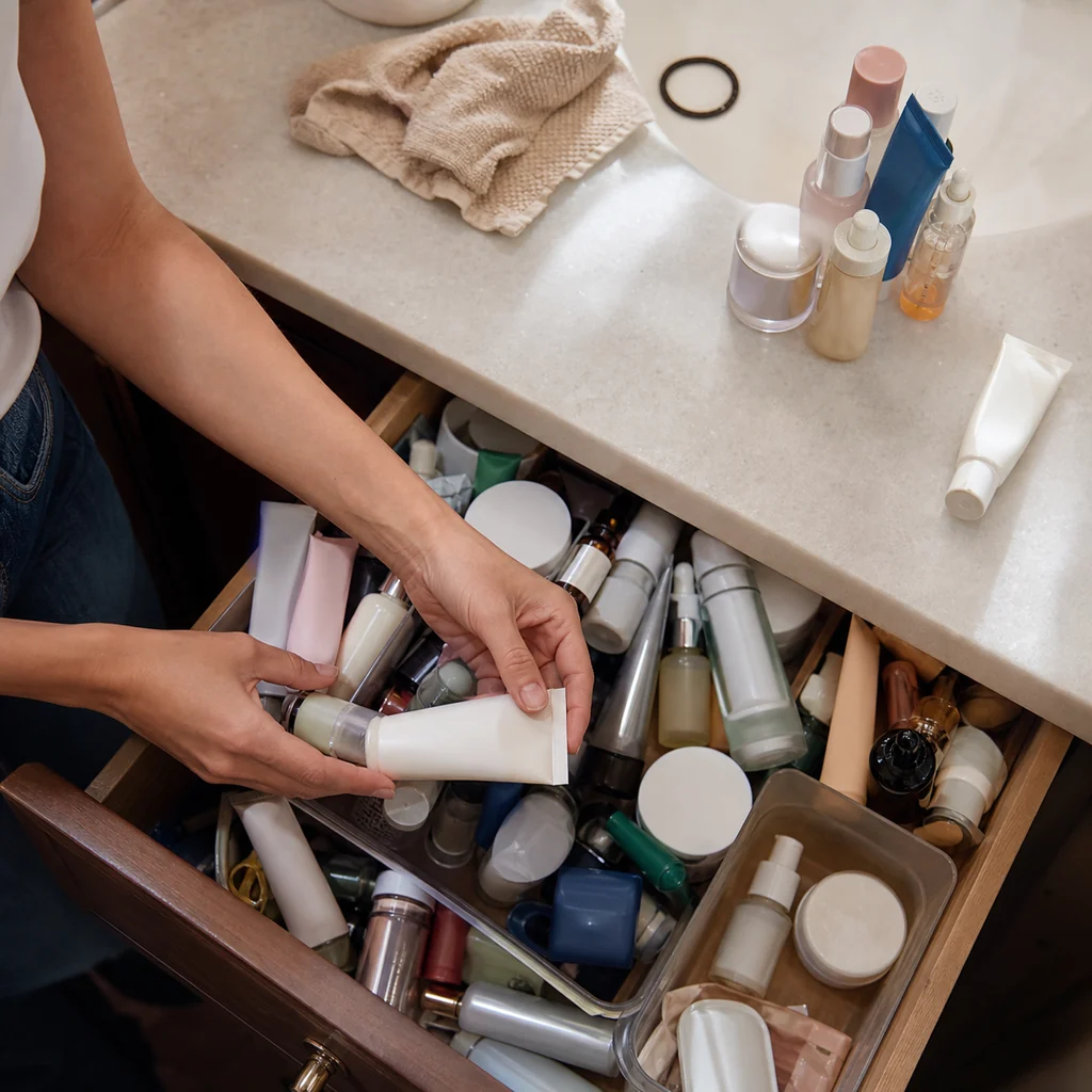 A mom sorts duplicate beauty products from a crowded bathroom drawer
