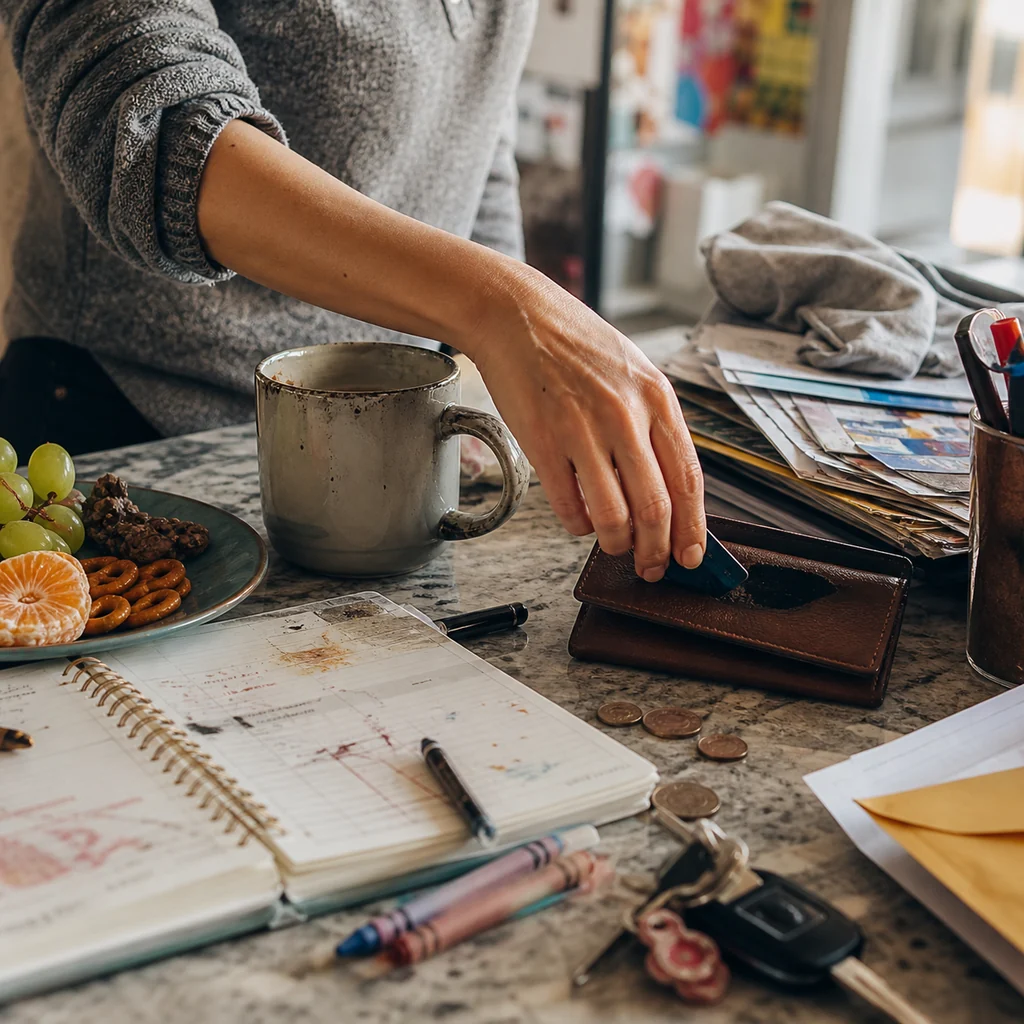 A mom puts away a card beside homemade coffee and snacks