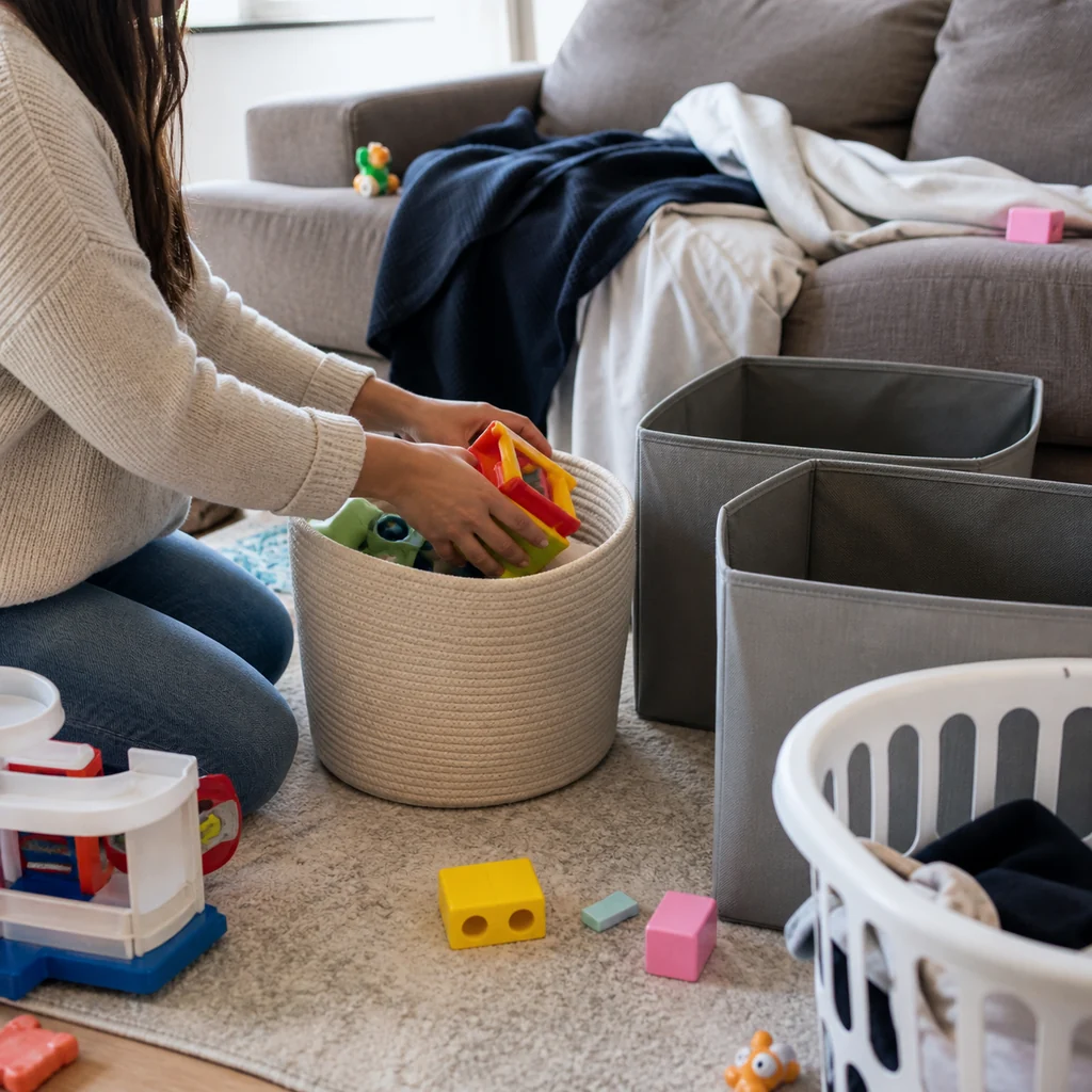 A mom uses existing baskets instead of buying more storage bins
