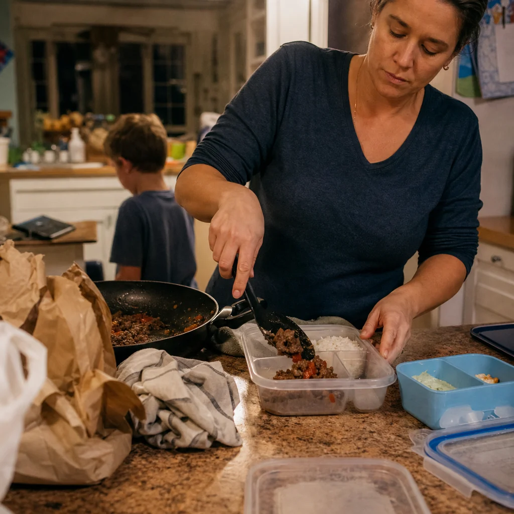 A mom packs homemade dinner portions instead of buying weekday takeout