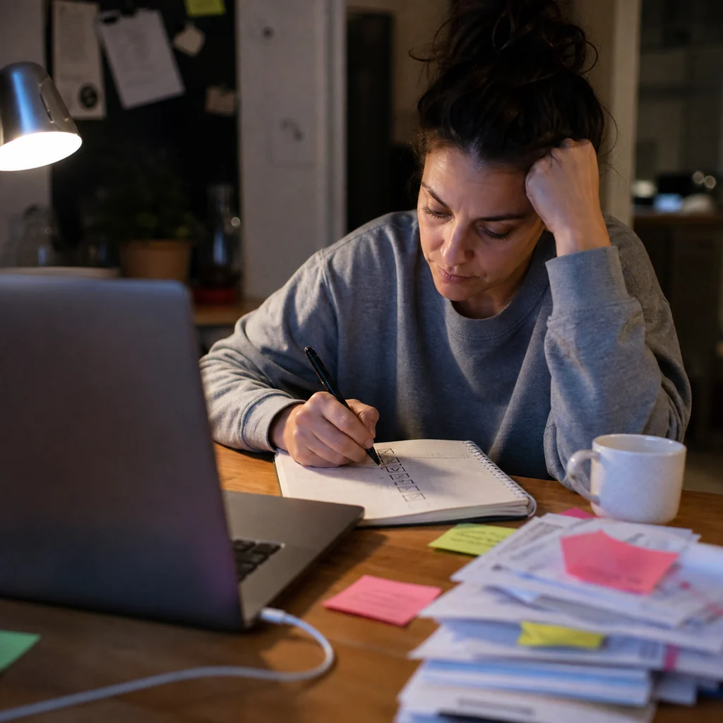 A mom reviews recurring subscriptions in a notebook at night