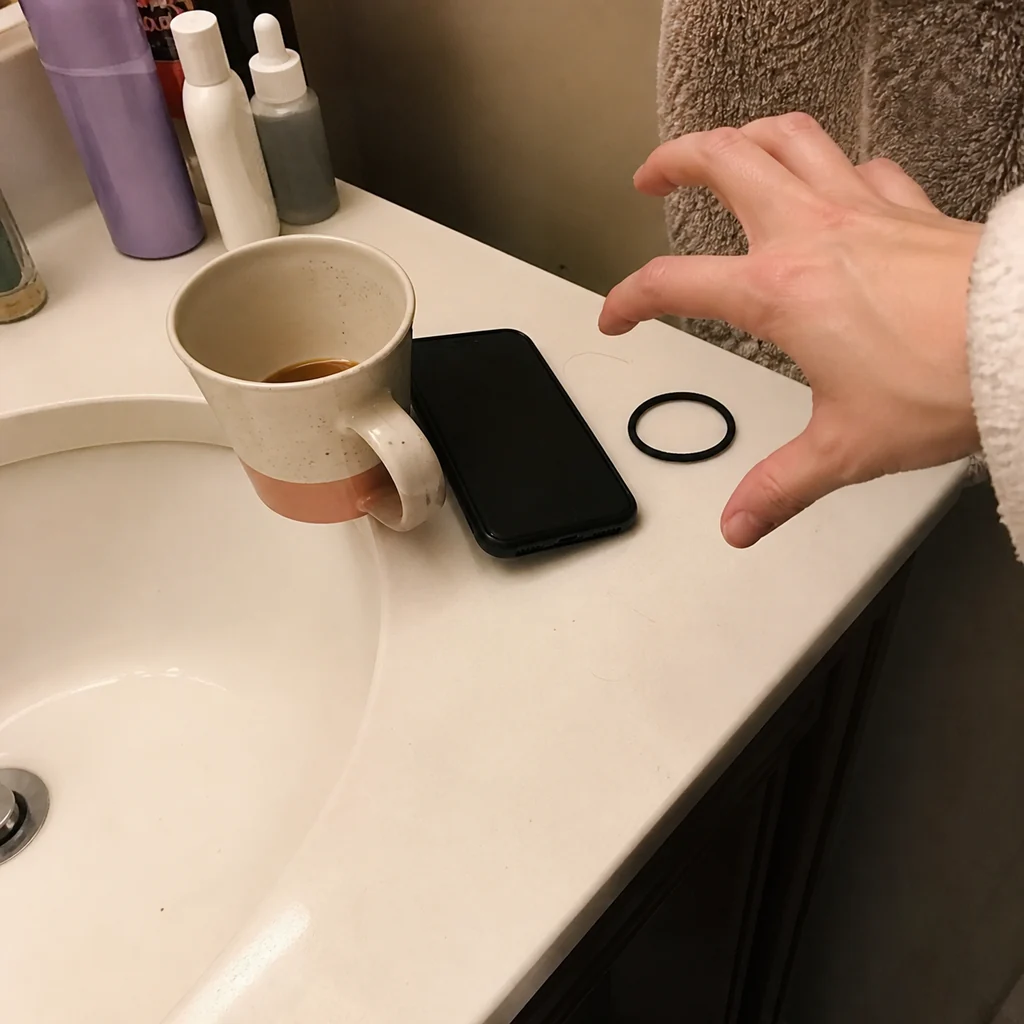 A bathroom counter with coffee and a phone during suspicious silence