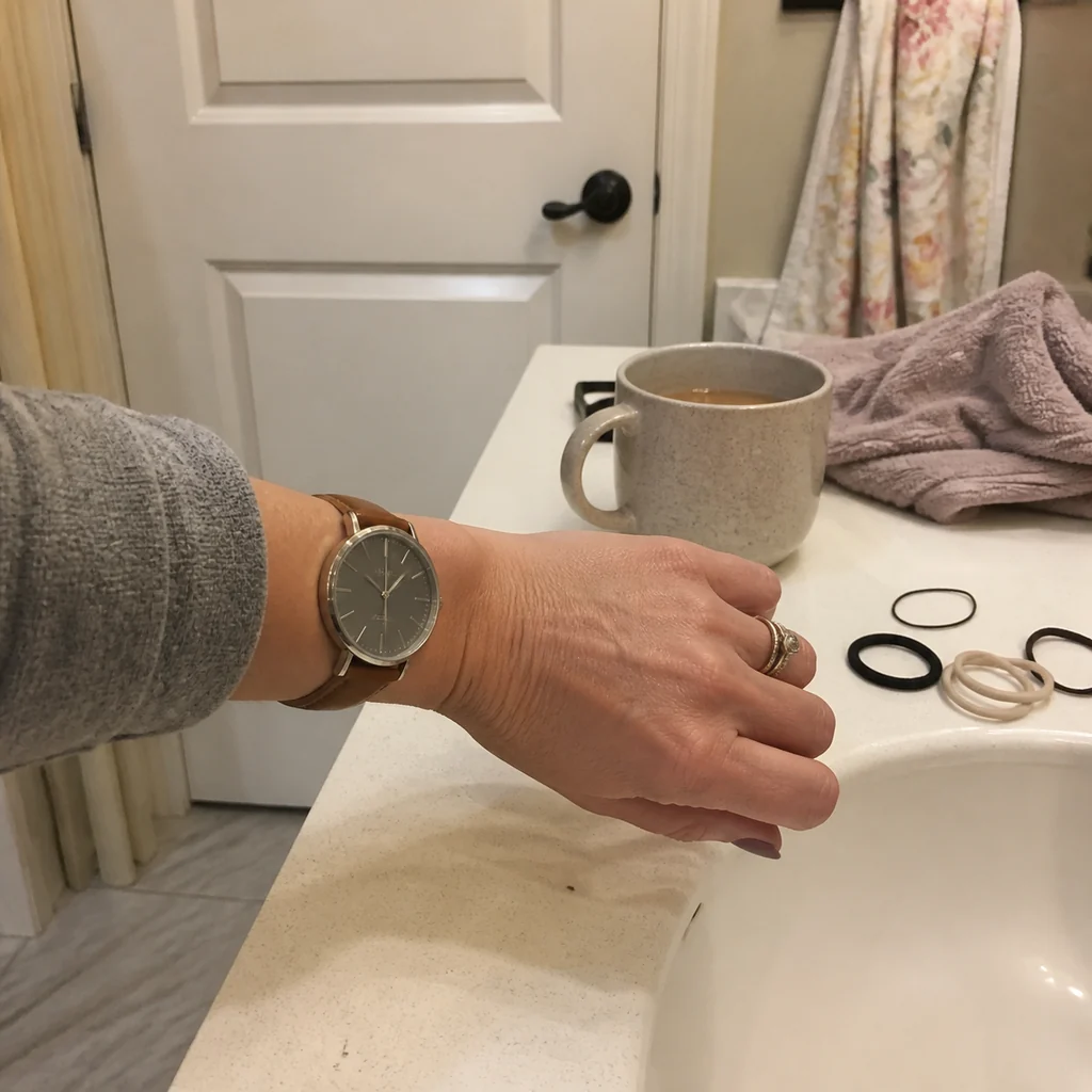 A mom checks the time during a short bathroom hideout