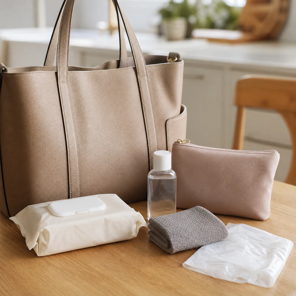 A tiny cleanup kit with wipes sanitizer cloth and pouch for a mom bag