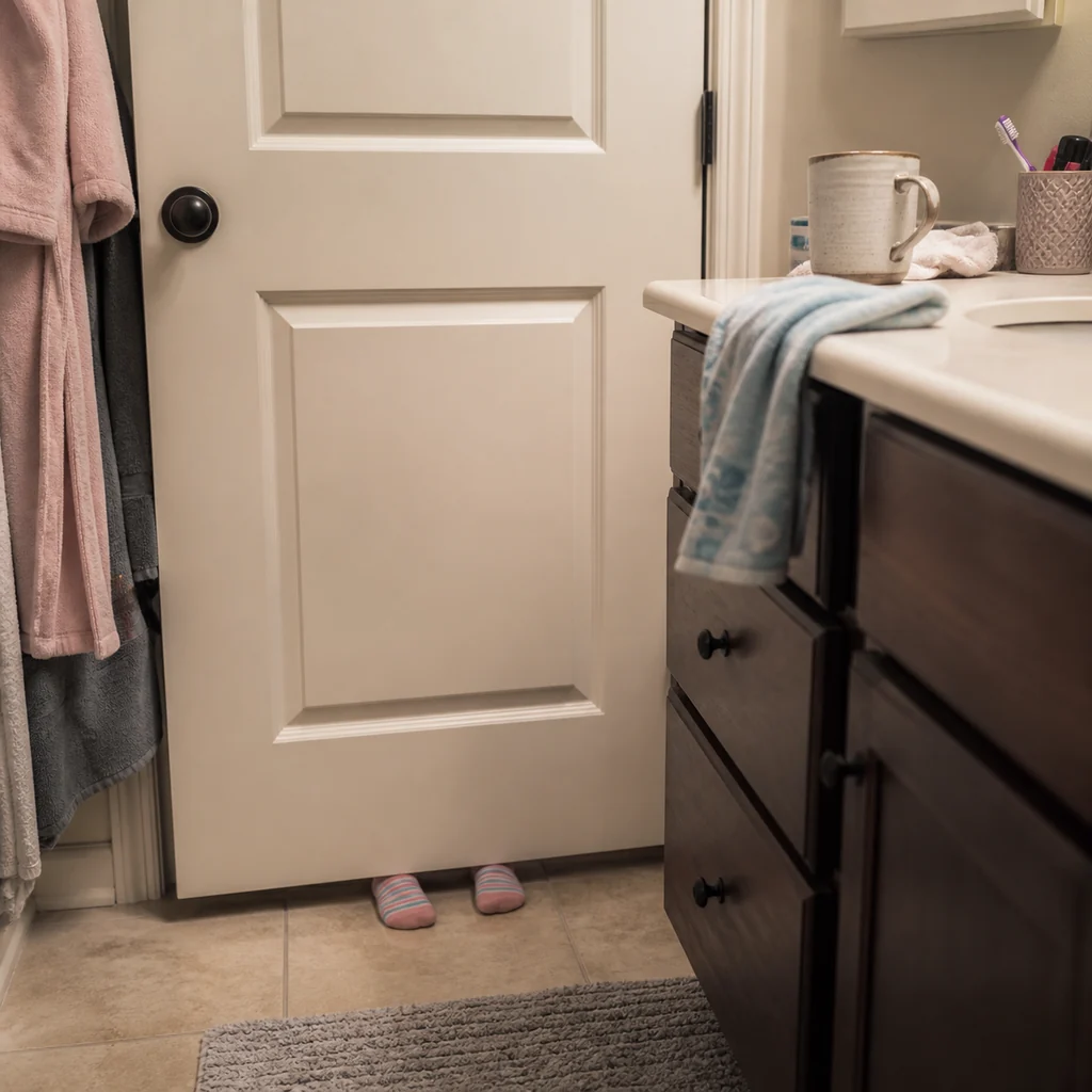 Tiny socks wait outside a closed bathroom door while mom hides inside