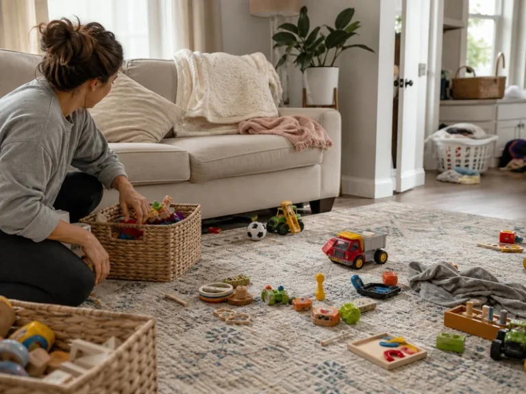 A mom organizes toys in a lived-in living room
