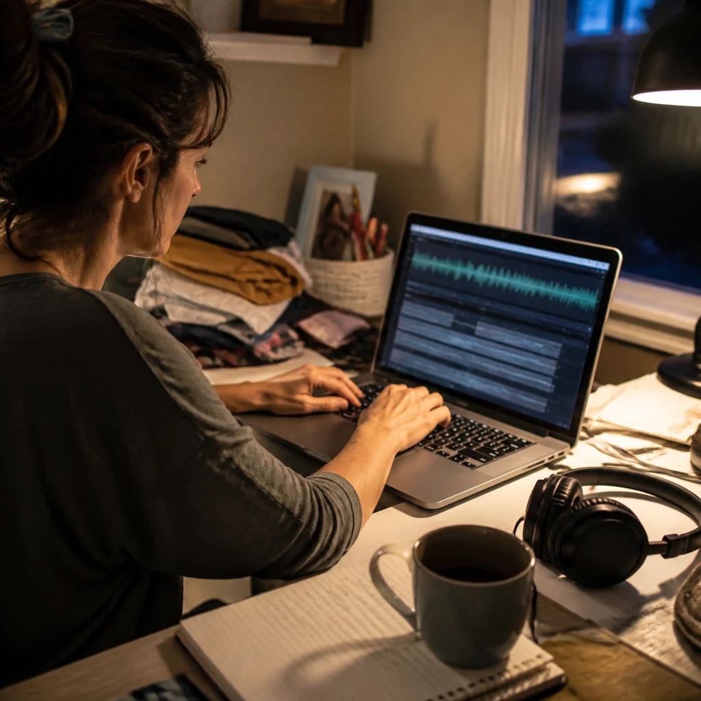 A mom editing transcription and caption timing from a home workspace