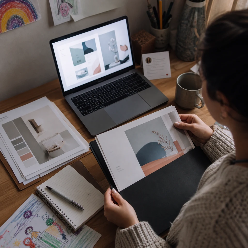 A mom adding a completed project to an honest freelance portfolio