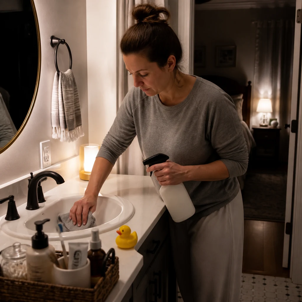 A mom gives the bathroom sink a quick two-minute evening wipe