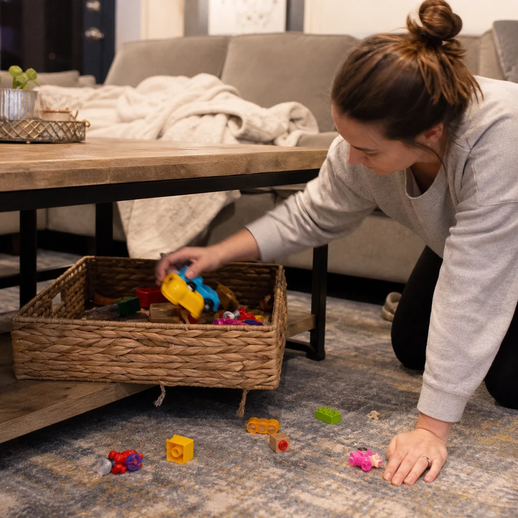 A mom uses a basket under the coffee table for a quick toy sweep