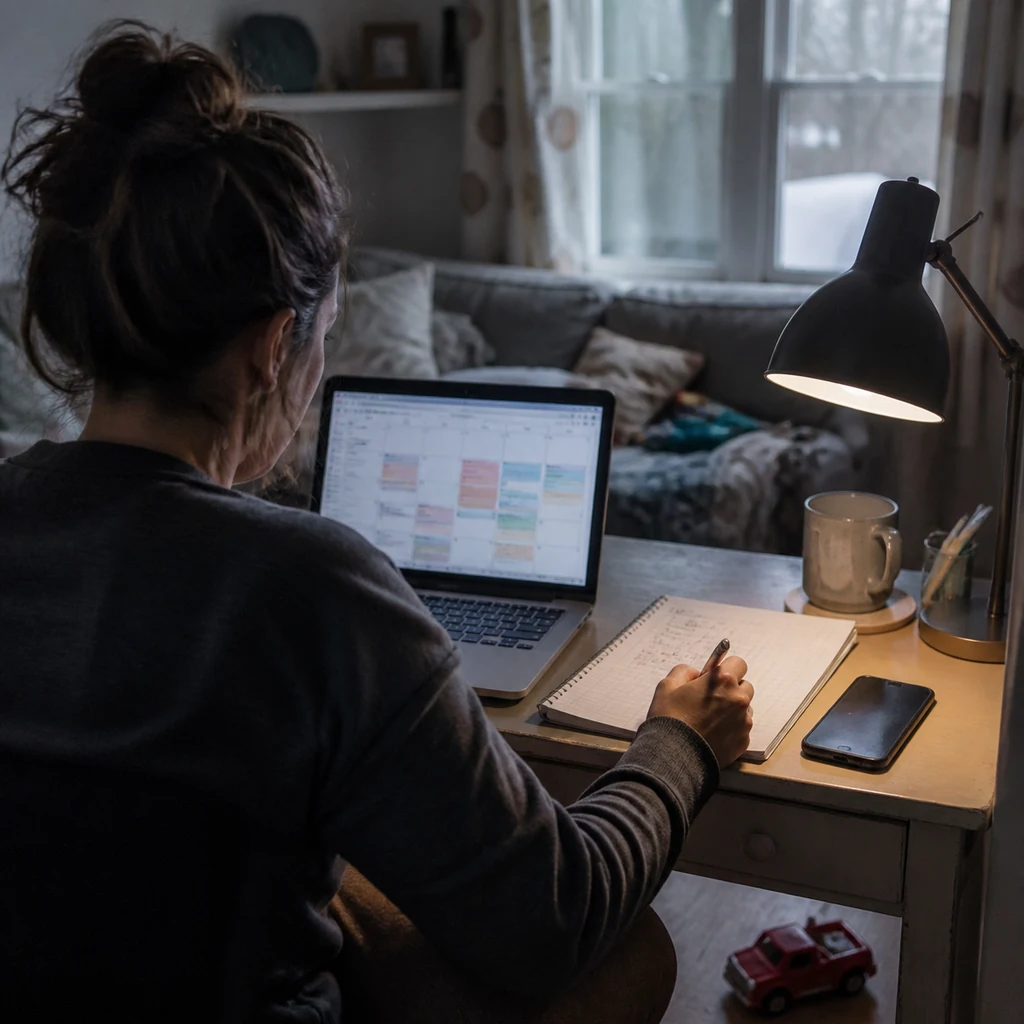 A mom organizing an online calendar from a small home workspace