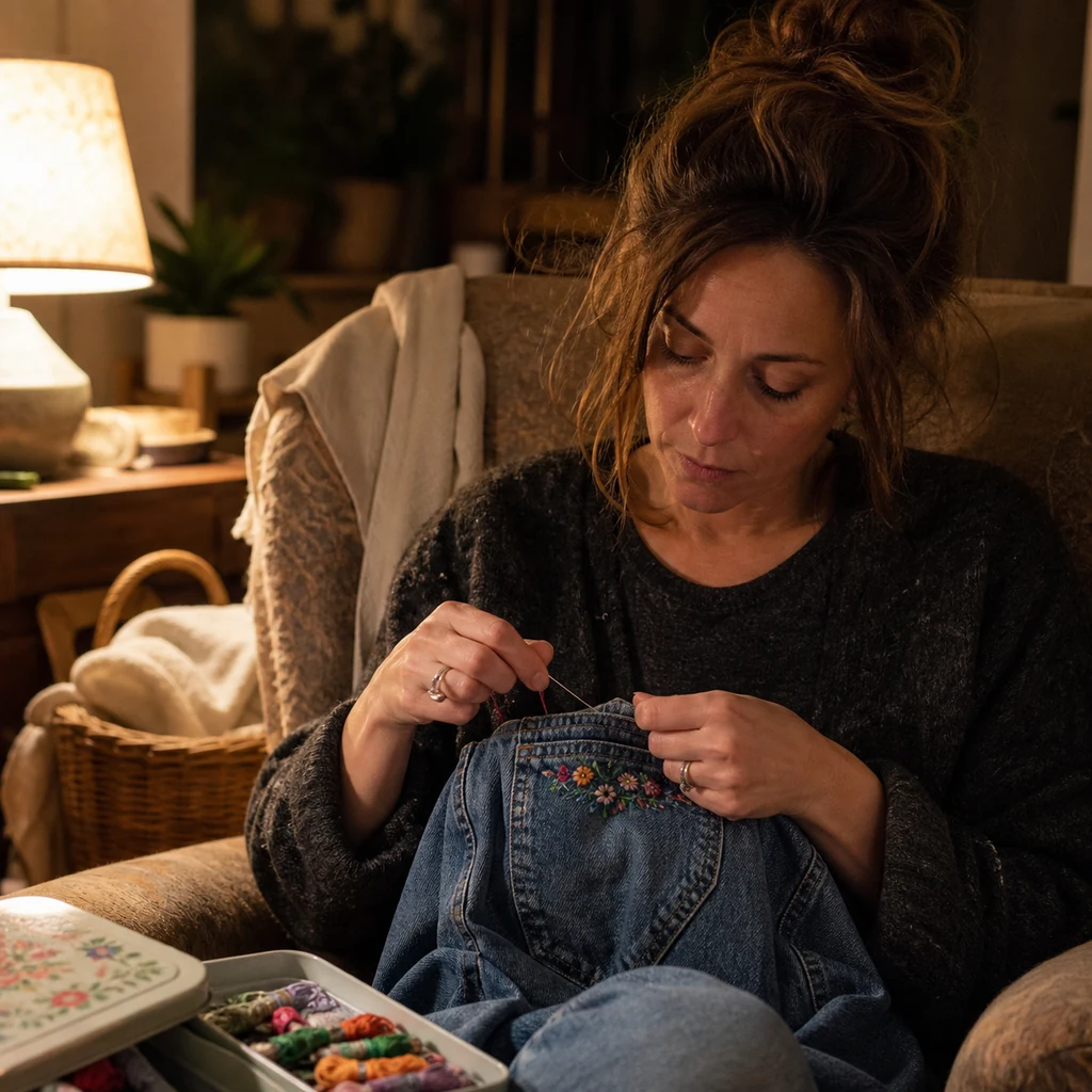 A mom adds simple embroidery while visibly mending a denim pocket