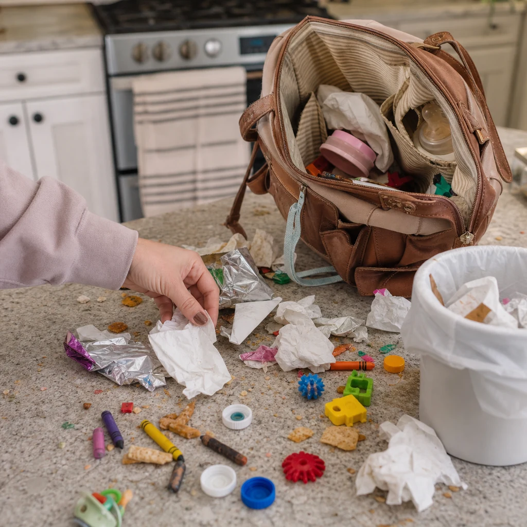 A messy mom bag being cleaned out with crumbs tissues and random clutter