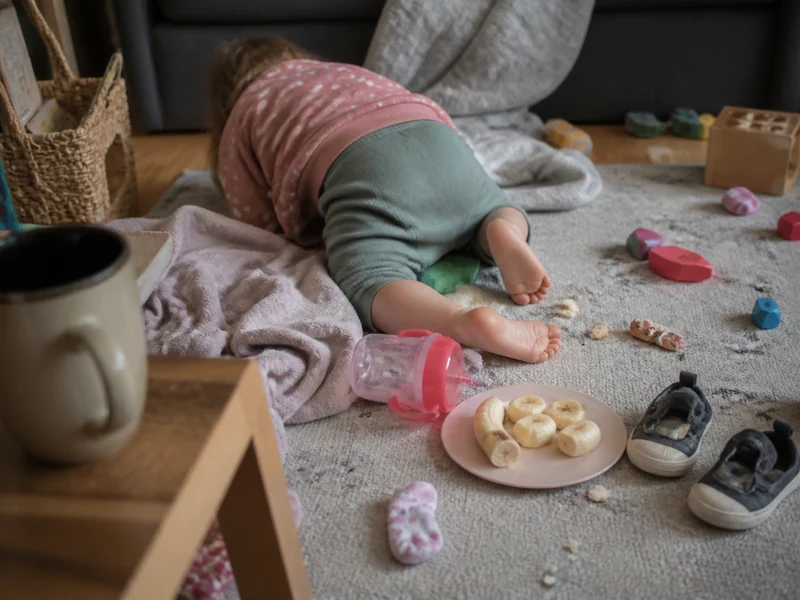 A funny toddler meltdown scene with toys snacks and real mom life chaos