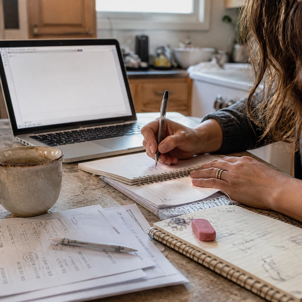 A mom writing one clear sentence describing her freelance offer