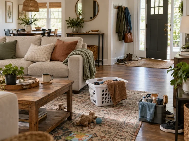 A lived-in family home during a realistic twenty-minute pre-guest reset