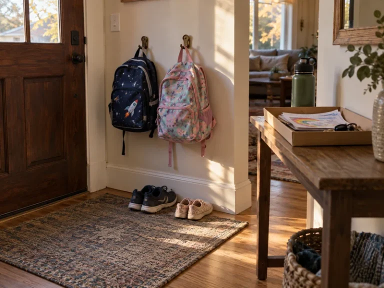 Two backpacks on low hooks, shoes on a mat, and a paper tray in a small family entryway