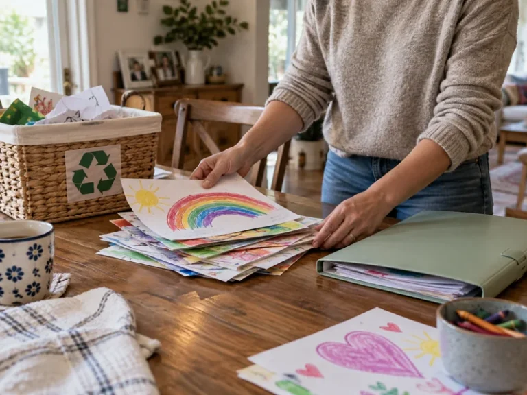 Parent sorting a small stack of children's colorful artwork beside a keepsake folder