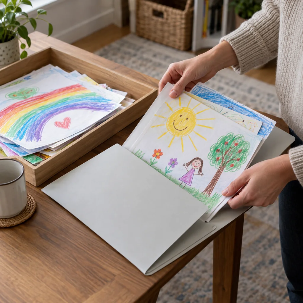 Selected children's drawings placed into a slim keepsake folder beside a review tray