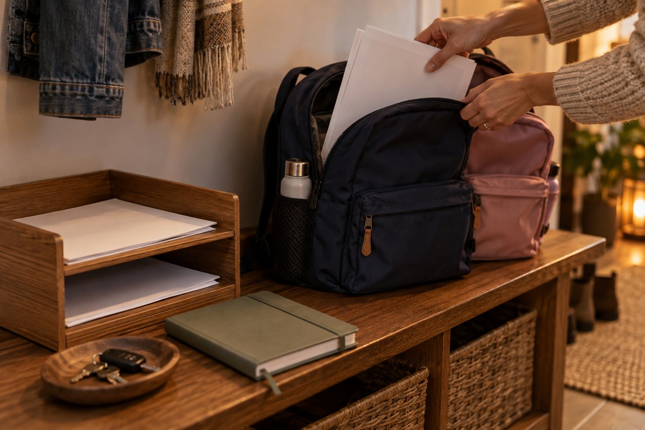 Hands returning completed forms to a school backpack